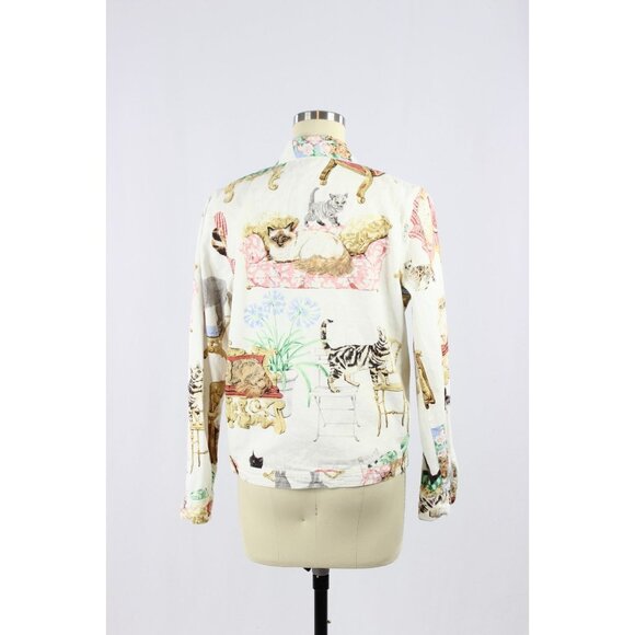 Vintage 00's FENINI White Cat Print Rhinestone Cotton Twill Jacket, Size S - Picture 3 of 16